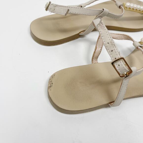 ALDO Womens US 9 EUR 40 Cream Faux Pearl Thong Sandals Ankle Strap Flat - Picture 8 of 12
